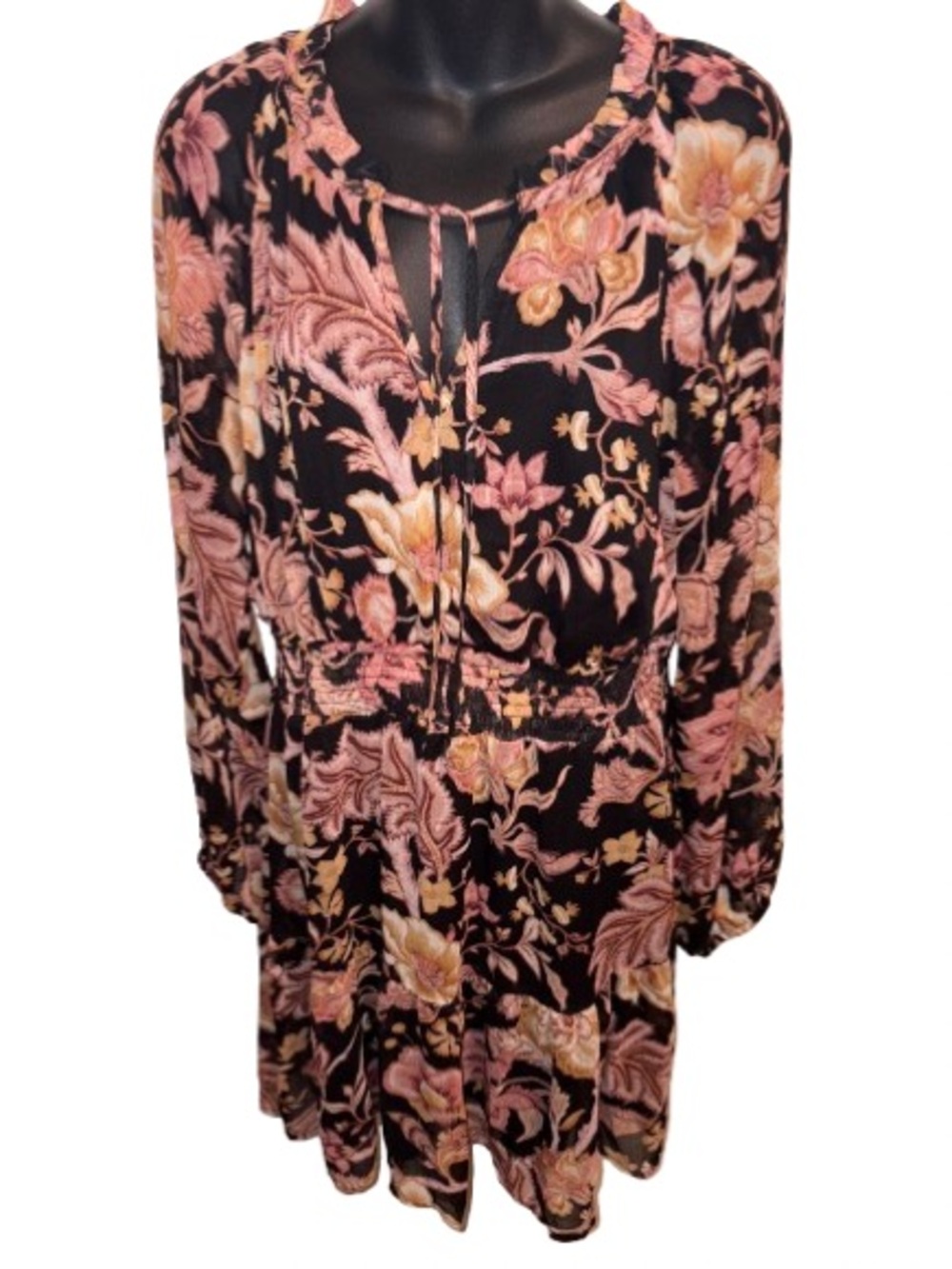 Autres Filles Floral Tie-Neck Long Sleeve Dress Black & Pink size L